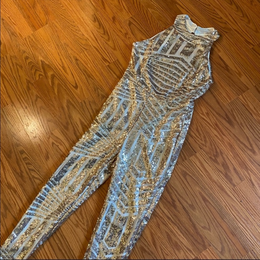 Vintage Y2K Mesh Backless Sequin Halterneck Jumpsuit Gold Jumpsuit